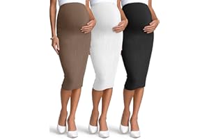 Sweetyweee 3 Pack Women's Maternity Skirts, Over The Belly Thermal Midi Ribbed Pregnancy High Waisted Stretchy Pencil Skirts