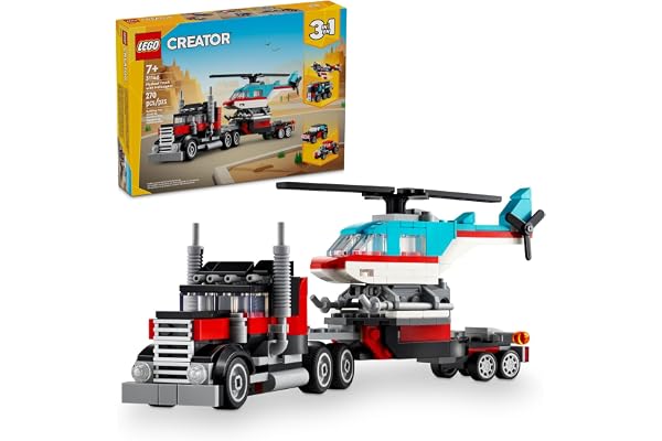 LEGO Creator 3 in 1 Flatbed Truck with Helicopter Toy, Transforms from Flatbed Truck Toy to Propeller Plane to Hot Rod and SU