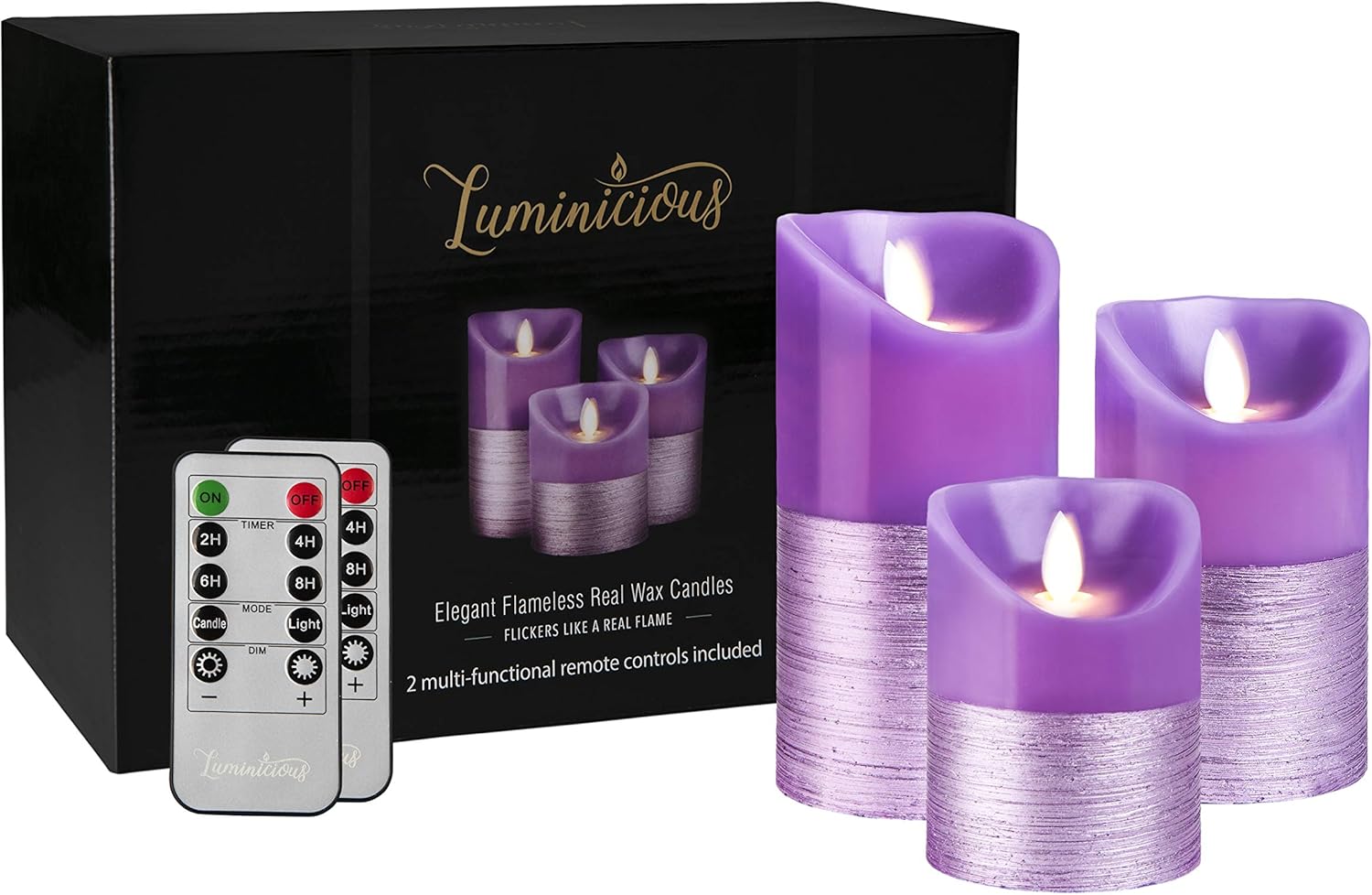 Purple LED Candles Flameless Flickering Battery Operated Electric Pillar Candle with Realistic Flicker Moving Flame with 2 Remote Controls & Timer