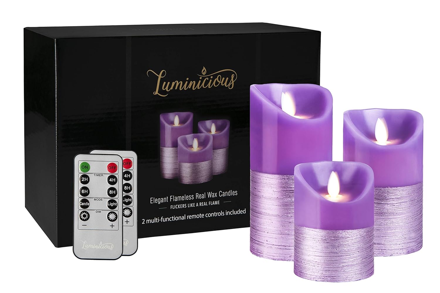 FLAMELESS Candles Battery Operated LED Flickering Flame with 2 Remote controls & Timer | Amazing Realistic Dancing Flame | Real Wax Purple Trim | Set of 3 | Elegant Home Decor Gift for Women and Men