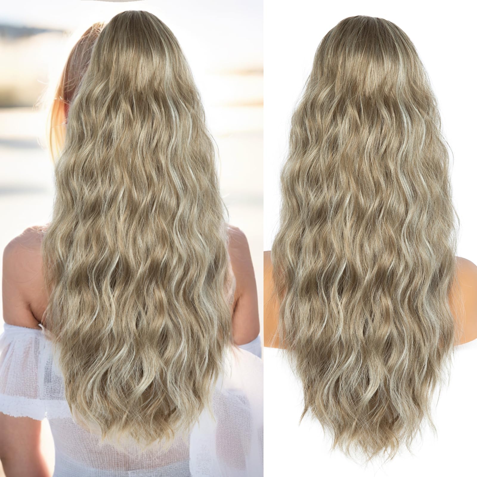 26 Inch Ponytail Extension, Natural Drawstring Ponytail Extension, Long Wavy Hair Extensions, Synthetic Hair Pieces for Women, Soft Ponytail Hair Extension (Warm Ash Blonde Highlights Bleach Blonde)