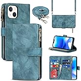 Jaorty for iPhone 13/14 Phone Case Wallet for Women Men with Card Holder,for iPhone 14/13 Crossbody Case with Strap Shoulder Lanyard, Zipper Pocket PU Leather Cases,6.1 Inch Blue
