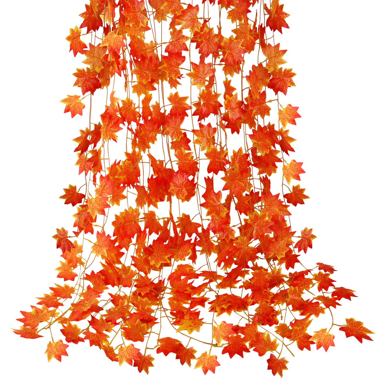 CQURE 12 Pack Autumn Fall Leaf Garland, Hanging Fall Vines Maple Garland Artificial Fall Maple leaves Thanksgiving Decor for Home Wedding Fireplace Party