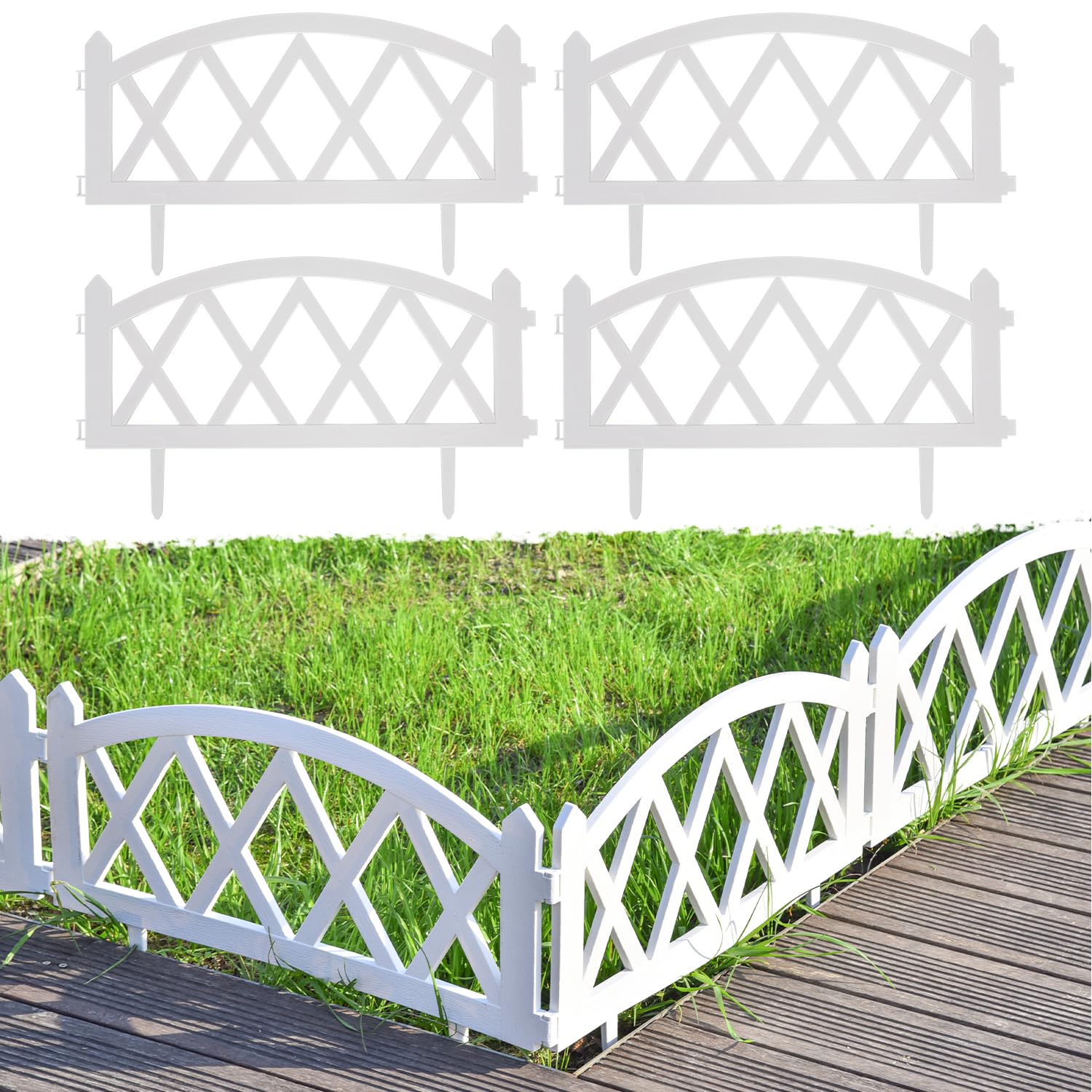 Sungmor Garden Picket Fence, Plastic White Edging, Grass Lawn Flower Beds Plant Borders,Decorative Outdoor Landscape Path Panels,Pack of 4 (Overall Length 94.5 Inch), Lightweight & Easy Installation