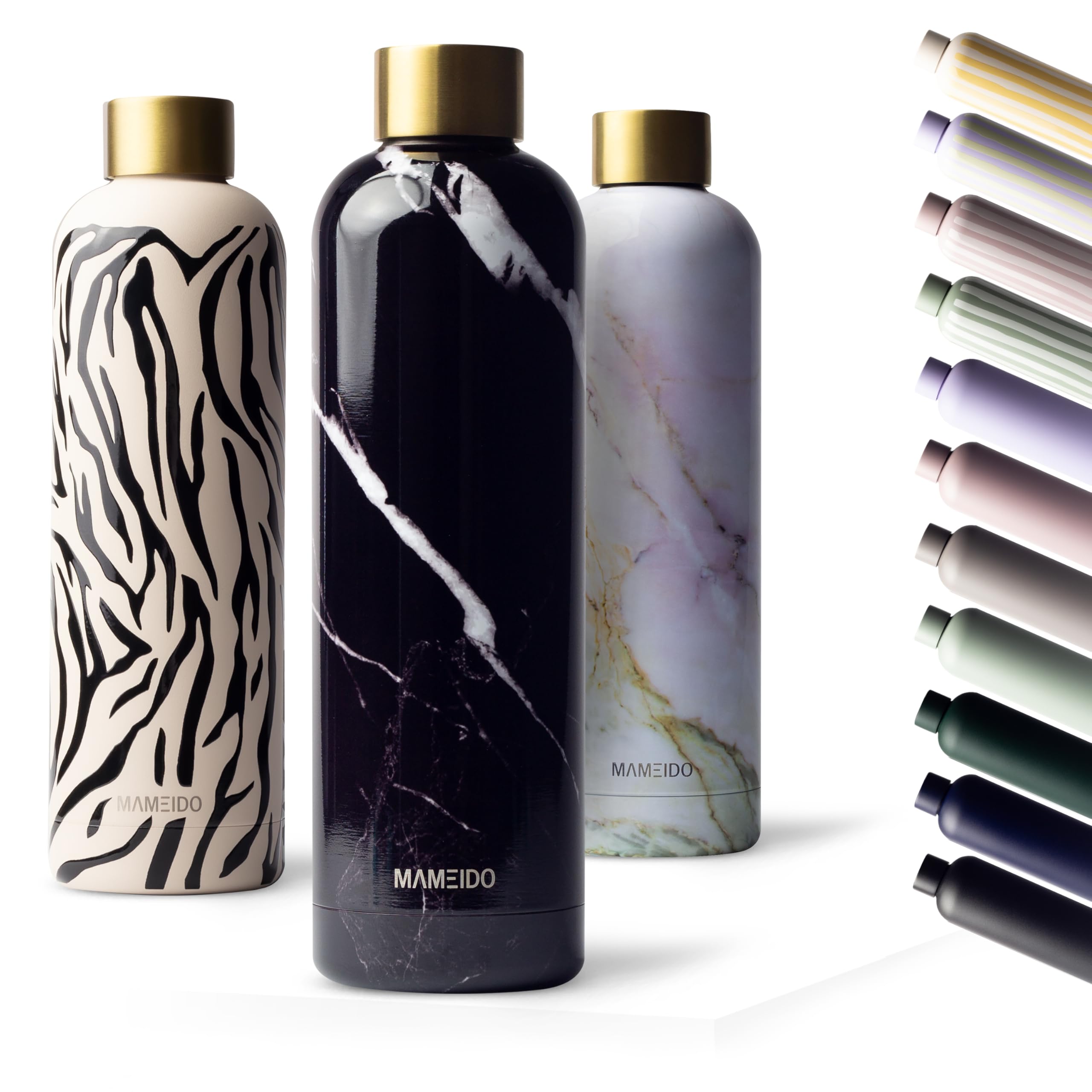 MAMEIDO Insulated Water Bottle 500 ml, Leak-Proof 18/8 Stainless Steel Thermo Flask, Suitable for Carbonated Drinks, BPA-Free (Black Marble Gold)