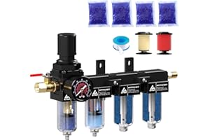ATINY 1/4" NPT 4 Stage Air Compressor Dryer System,Air Drying System Brass Filter&Coalescing Filter,Double Desiccant Dryers & Air Regulator, Semi-Auto Drain(Black)