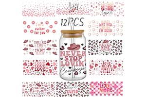 Elitles Made UV DTF Cup Wrap Valentines Transfer Stickers for Glass 16oz, 12 Sheet Love Heart Rub on Transfer Waterproof Stic