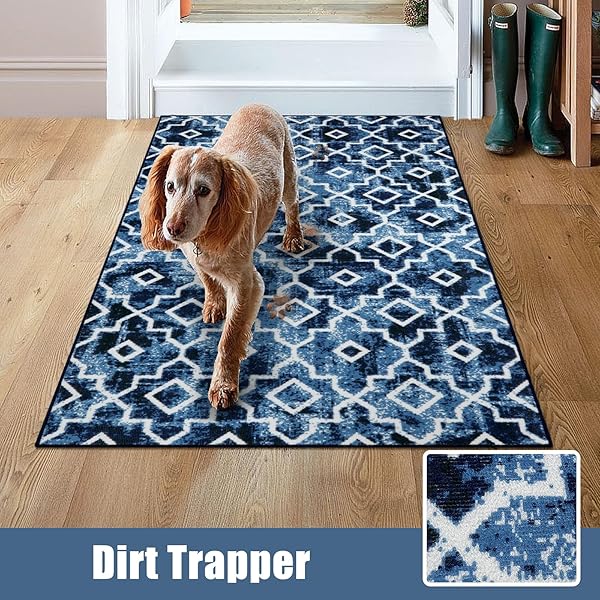 WONNITAR MOROCCAN INDOOR DOOR MAT, 36″X59″ ENTRY RUG WASHABLE FRONT DOOR MAT, NON-SLIP ABSORBENT DIRT TRAPPER MAT, LOW-PROFILE FLOOR CARPET FOR ENTRYWAY KITCHEN BATHROOM (POST BLUE,59” X 35.4”)