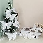 12 PCS White Feather Butterfly Glitter Butterflies Ornaments Clips on for Spring Christmas Tree Crafts Flower Bouquets Fairy Garden Wedding Home(White)