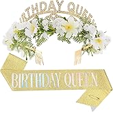 PartyforU Gold Birthday Queen Crown - Flower Happy Birthday Tiara and Sash Set for Party Photo Shoot Gift for Friend Mom