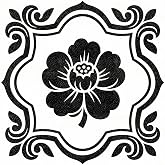 HOMETITUTE Black White Floral Peel Stick Floor Tile 12x12 Vinyl | Self Adhesive Decals Removable Flooring Stickers Kitchen Bathroom Entryway - Black White Floral