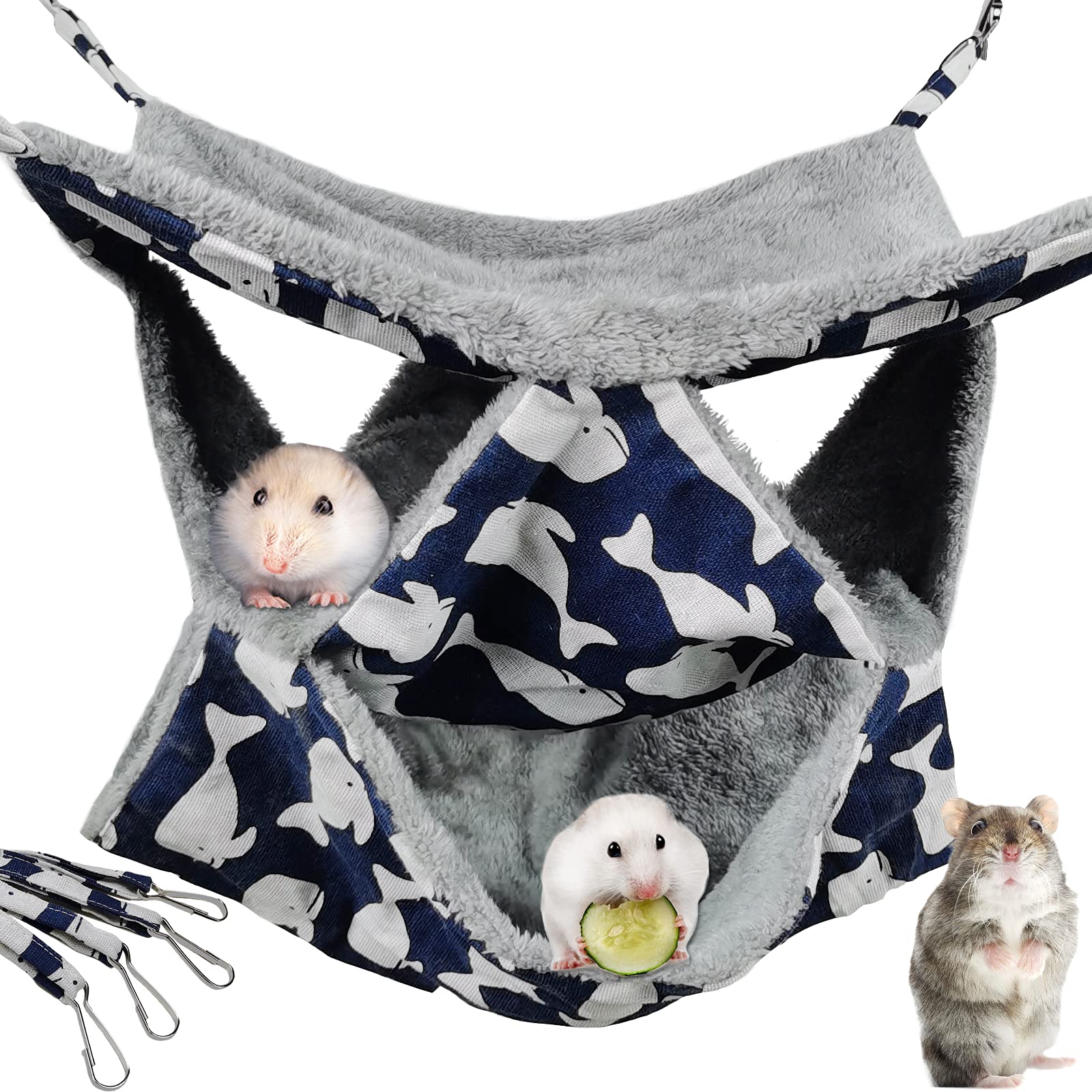 Pet Cage Hammock, 3-Layer Hamster Hanging Bed Plush Sugar Glider Cage Chinchilla Swing Nest Guinea Pig Nap Sack Warm Ferrets Hideout Accessories Toy for Small Animals Rat Rabbit Squirrel (L-Whale)