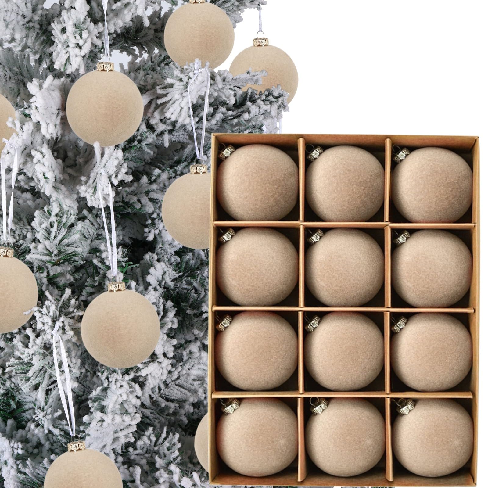 Photo 1 of 12pcs Christmas Tree Hanging Ball Decoration 2.4Inch Velvet Christmas Ornaments Balls Flocked Shatterproof Plastic Xmas Tree Ball for Party Holiday Wedding Home Decor (1, Beige, 12PCS)