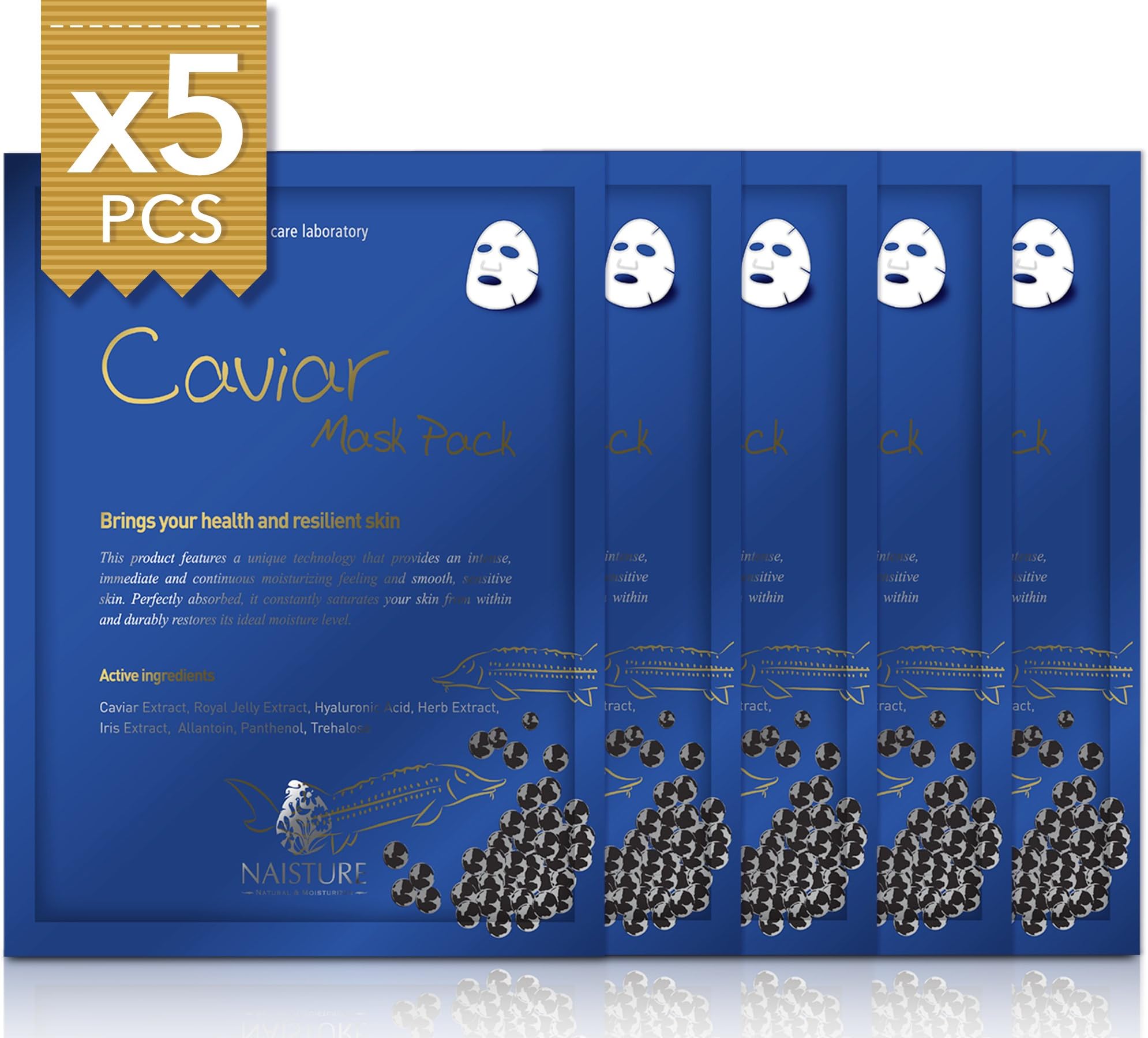 Facial Sheet Mask [NAISTURE] Face Treatment (5 Pack) Pure 100% Cotton, Smooth Moisturizing Revitalizes Skin Damaged by UV Rays and Enhances Clarity, 24mL Made in Korea - Caviar