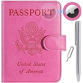 Airtag Passport Holder Cover Wallet RFID Blocking Leather Case Travel Essentials Luggage Accessories Travel Must Have(118#Pink)
