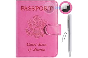 PASCACOO Airtag Passport Holder Cover Wallet RFID Blocking Leather Case Travel Essentials Luggage Accessories Travel Must Have(118#Pink)