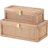 HuiDao Natural Bamboo Decorative Box with Lids, Unique Decorative Boxes Set of 2, Boho Wedding Keepsake Box, Memory Box with Lid for Crafts, trinkets and Photo Storage