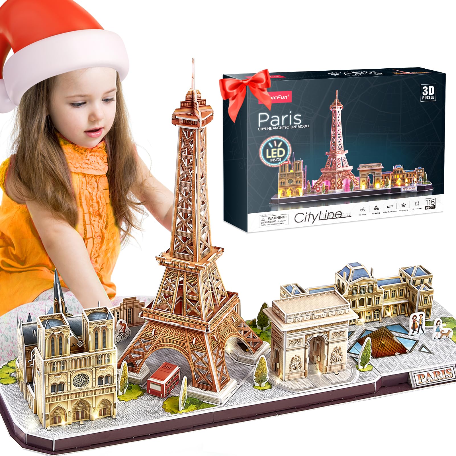 CubicFun 3D Puzzles for Kids Adults LED Paris City Architecture Model Kits, Eiffel Tower, Notre Dame de Paris, The Louvre, Arc de Triomphe Jigsaw Puzzles Birthday Gifts for Boys Girls Her Him