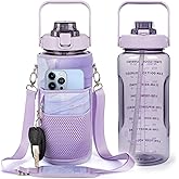 Chokoter Half Gallon Water Bottle with Sleeve, 64OZ Motivational Water Bottle with Straw & Time Marker, BPA Free Leakproof Large Sports Water Bottle, Reusable Water Jug for Workout Gym Sport