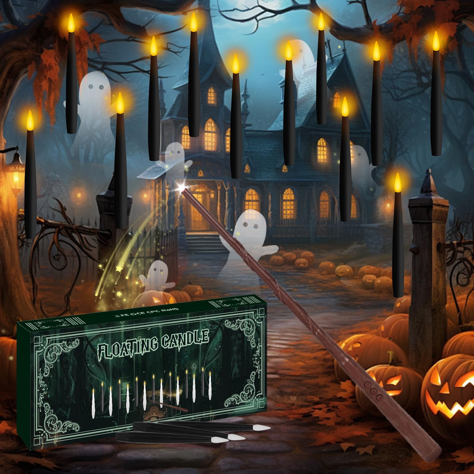 Photo 1 of NURADA Floating Candles with Wand Remote Timer - Magic LED Hanging Flameless Taper Candles Flickering Battery Operated for Halloween Birthday Theme Party Holiday Home Window Decor - Black 12 Pack