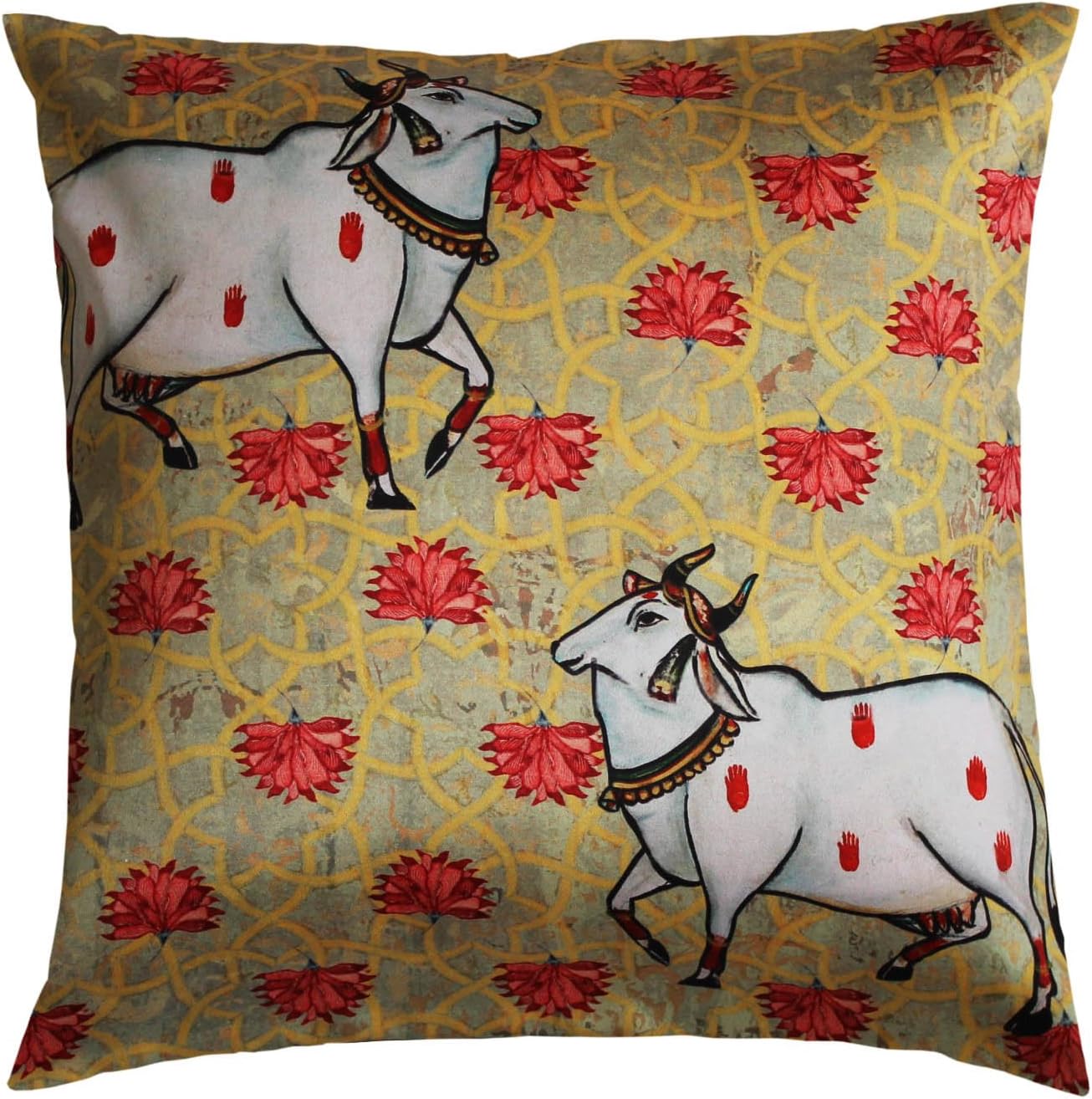 CULT CURIO Satin Pichwai Decorative Throw Pillow Case Cushion Cover 16''X16''