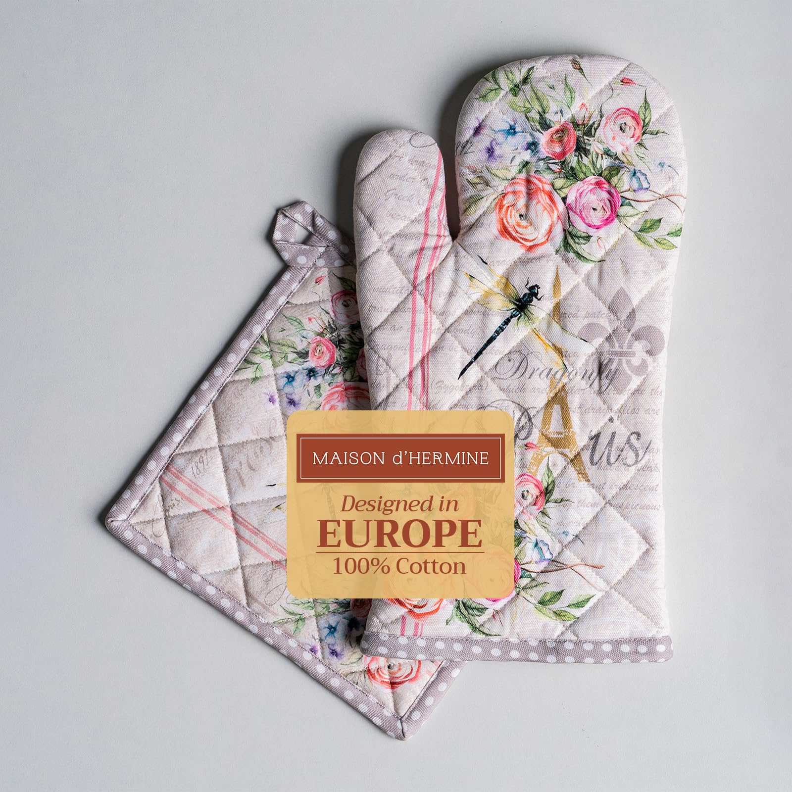 Maison d' Hermine 100% Cotton Oven Mitt & Pot Holder Set (19 x 33 cm & 20 x 20 cm) Heat Resistant BBQ Cooking Gloves with Loop for Baking Handling Hot Pans Gifts for Mothers Day (Champ De Mars)