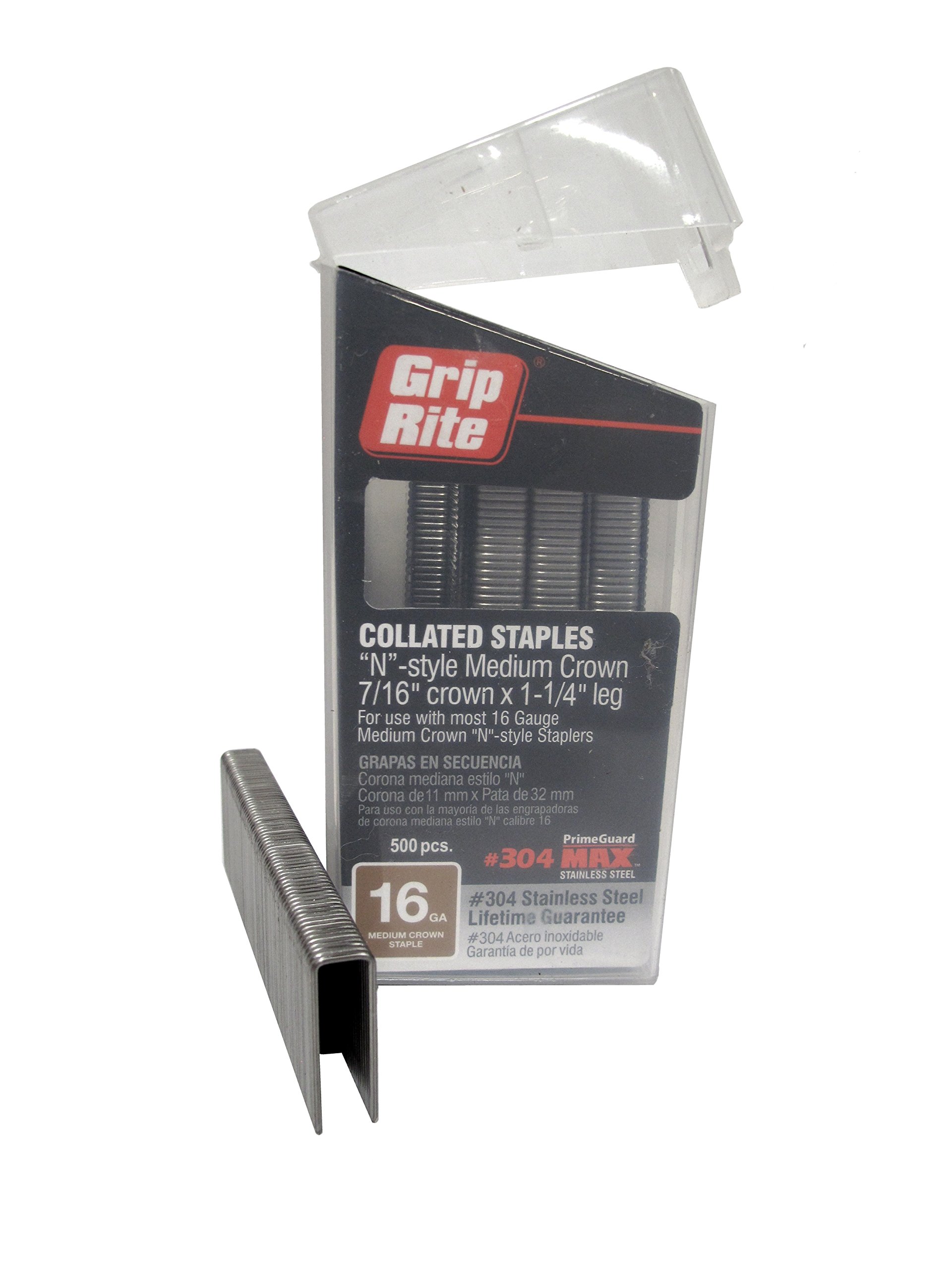 Photo 1 of Grip Rite Prime Guard MAXB64890 16-Gauge 7/16" Medium Crown by 1-1/4" 304-Stainless Steel Staples in Belt Clip Box (Pack of 500)