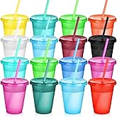 Sieral Cups with Straws and Lids Kids Tumbler with Straw Reusable Water Bottle Iced Coffee Travel Mug Adults Plastic Cups for Parties 16 oz(Bright Colors,15 Pack)