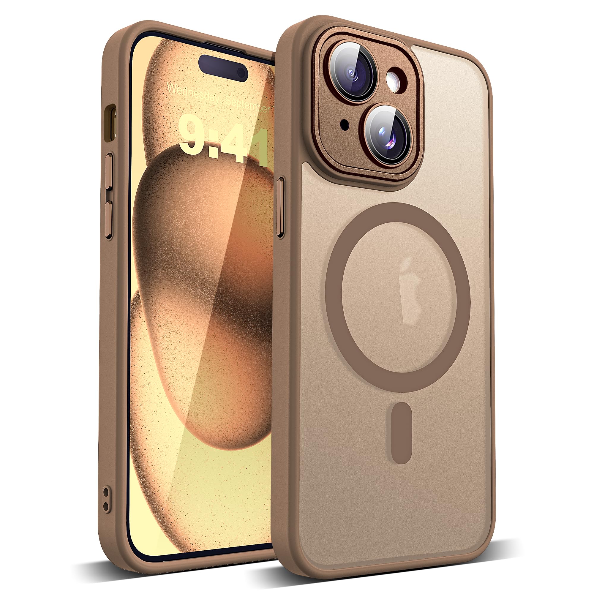 YEMORAN Compatible with iPhone 15 Plus Case with Built-in Camera Lens Protector Translucent Magnetic 15 Plus Phone Case 6.7" [Compatible with Mag-Safe][Great Grip Feeling], Desert Brown