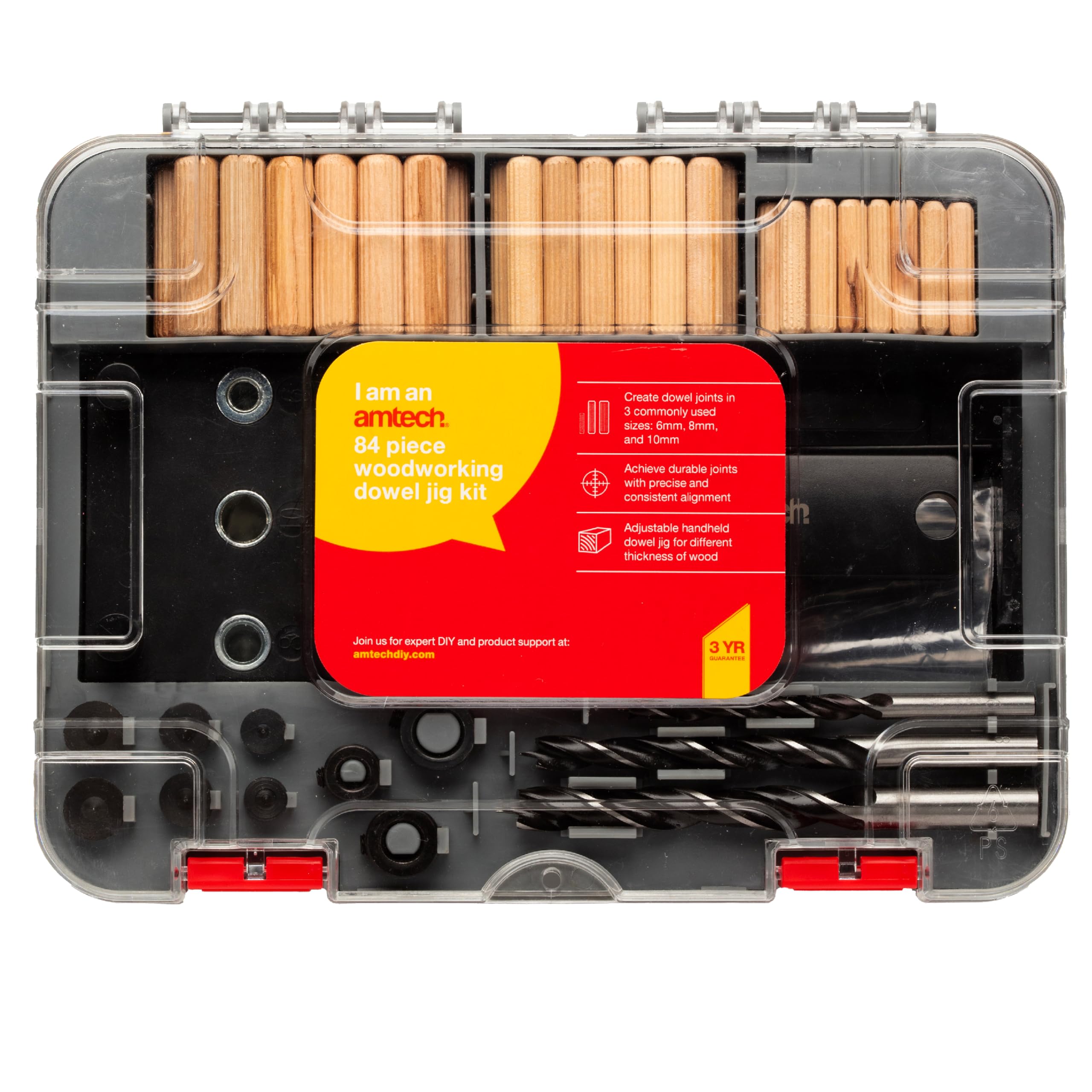 Amtech - Dowel Jig Kit for Woodworking and Home DIY, Durable Joints and Consistent Alignment, Adjustable Handheld Dowel Jig for Various Wood Thicknesses, Easy to Use (84pcs)