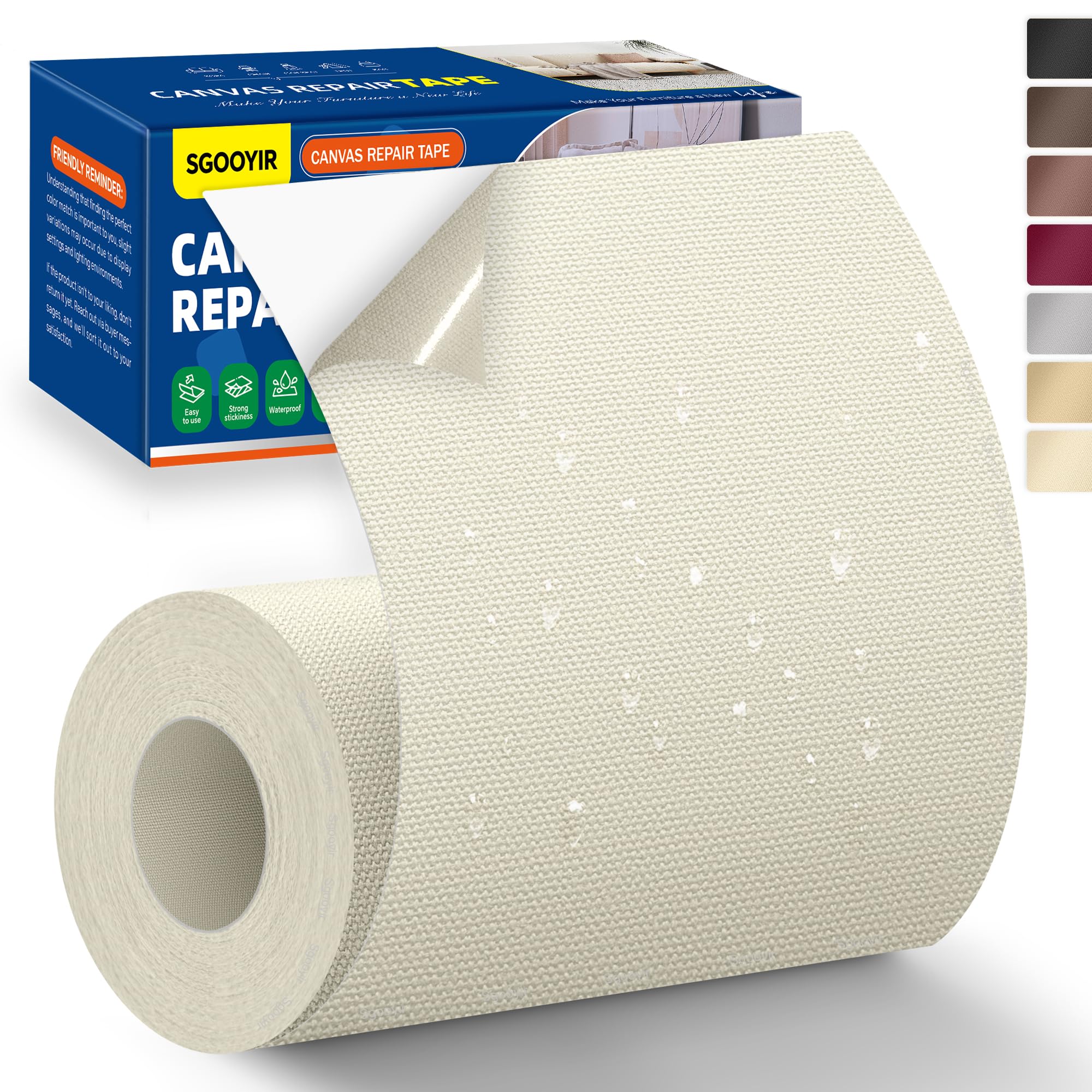 Photo 1 of Self-Adhesive Canvas Repair Tape, 4" x 79" Waterproof Canvas Repair Patch, Fabric Patch Repairs Kit for Furniture, Tents, Sunbrellas, Boat Covers Awnings, Couches, Clothes, Bags Beige&White