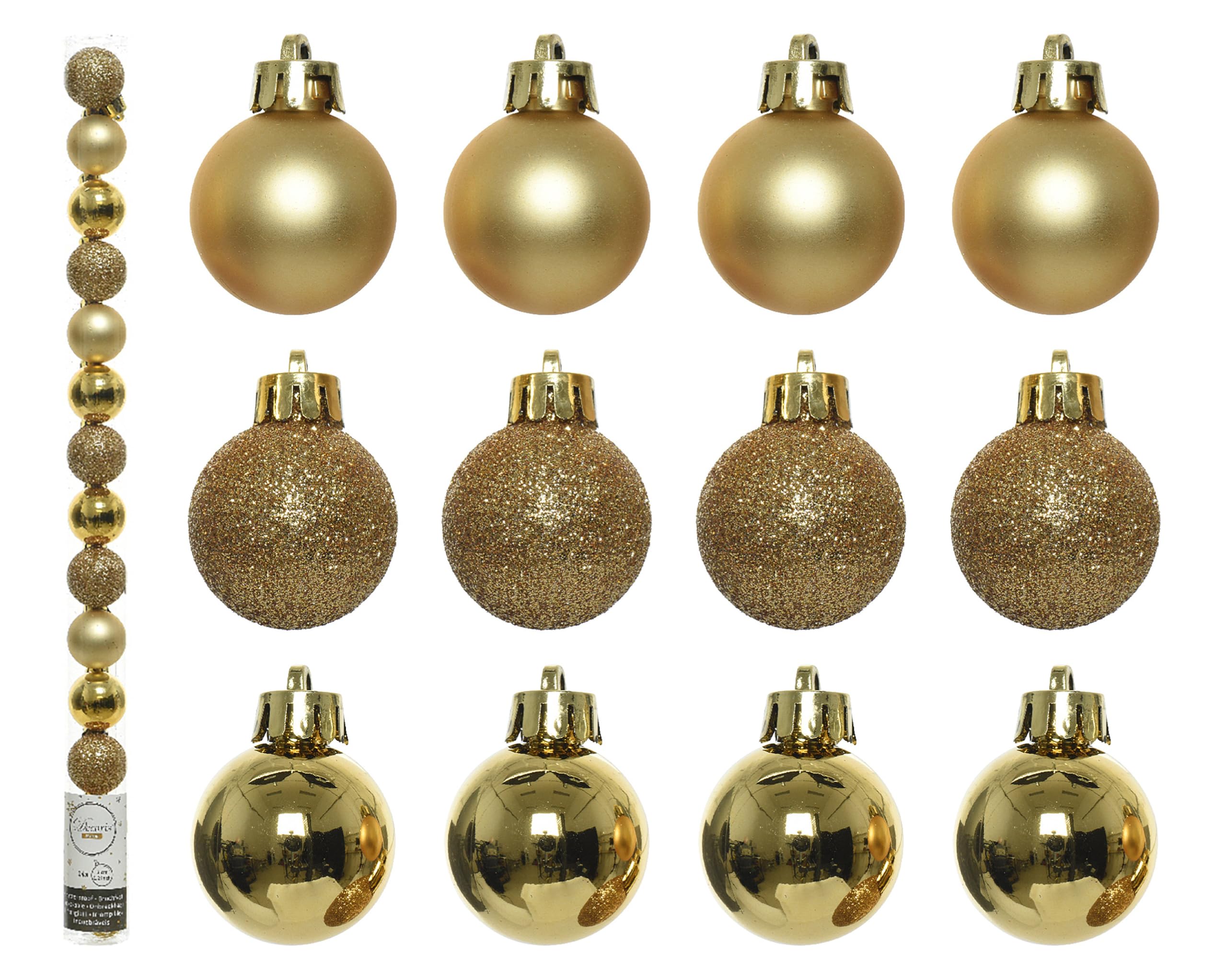 Set of 14 - Mini Matt/Shiny/Glitter Christmas Tree Baubles Mix in Tube - 3cm (Light Gold)