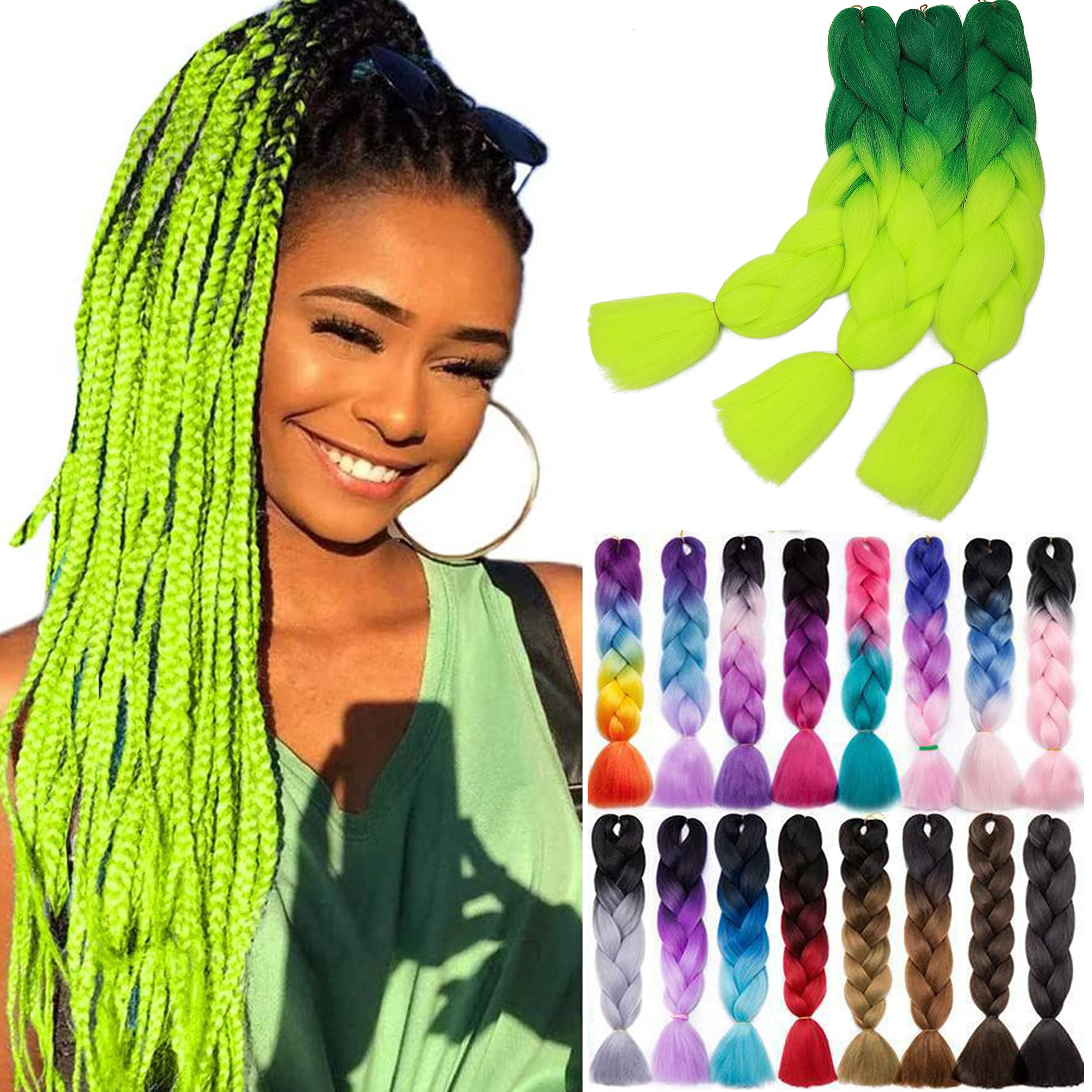 Jumbo Braiding Hair 24 inch Ombre Braid Hair Extensions Jumbo Box Braids Crochet Hair Long Rainbow Colorful for Women Kids DIY High Temperature Synthetic Fiber 5 Bundles Dark Green to Chartreuse