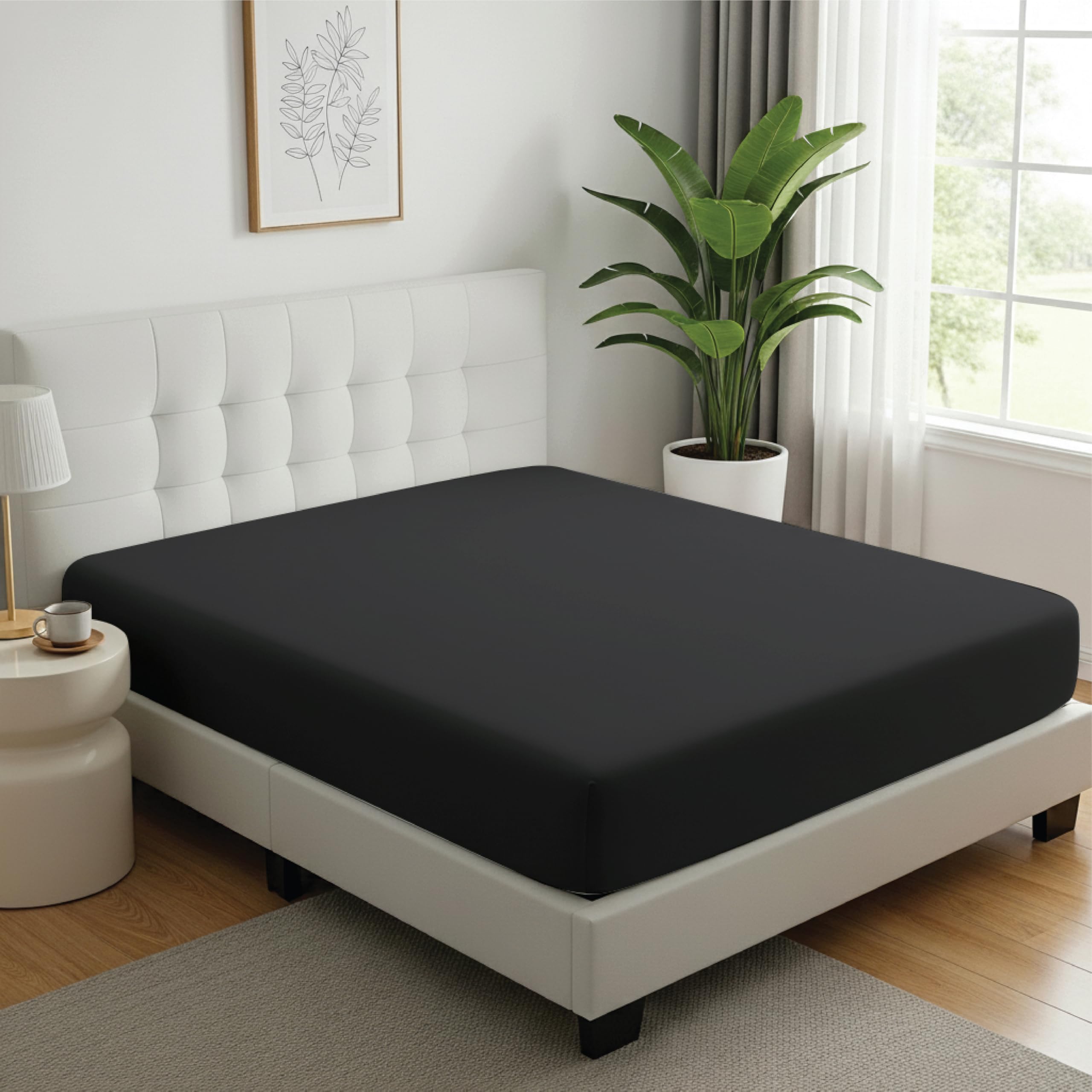 Ev Dekor Extra Deep Fitted Sheet Single, Black - Deep Pocket Bedsheet 16inch (40 cm) Soft Brushed Microfiber Fabric - Shrinkage and Fade Resistant - Bottom Sheet - Double Bed Fitted Sheets