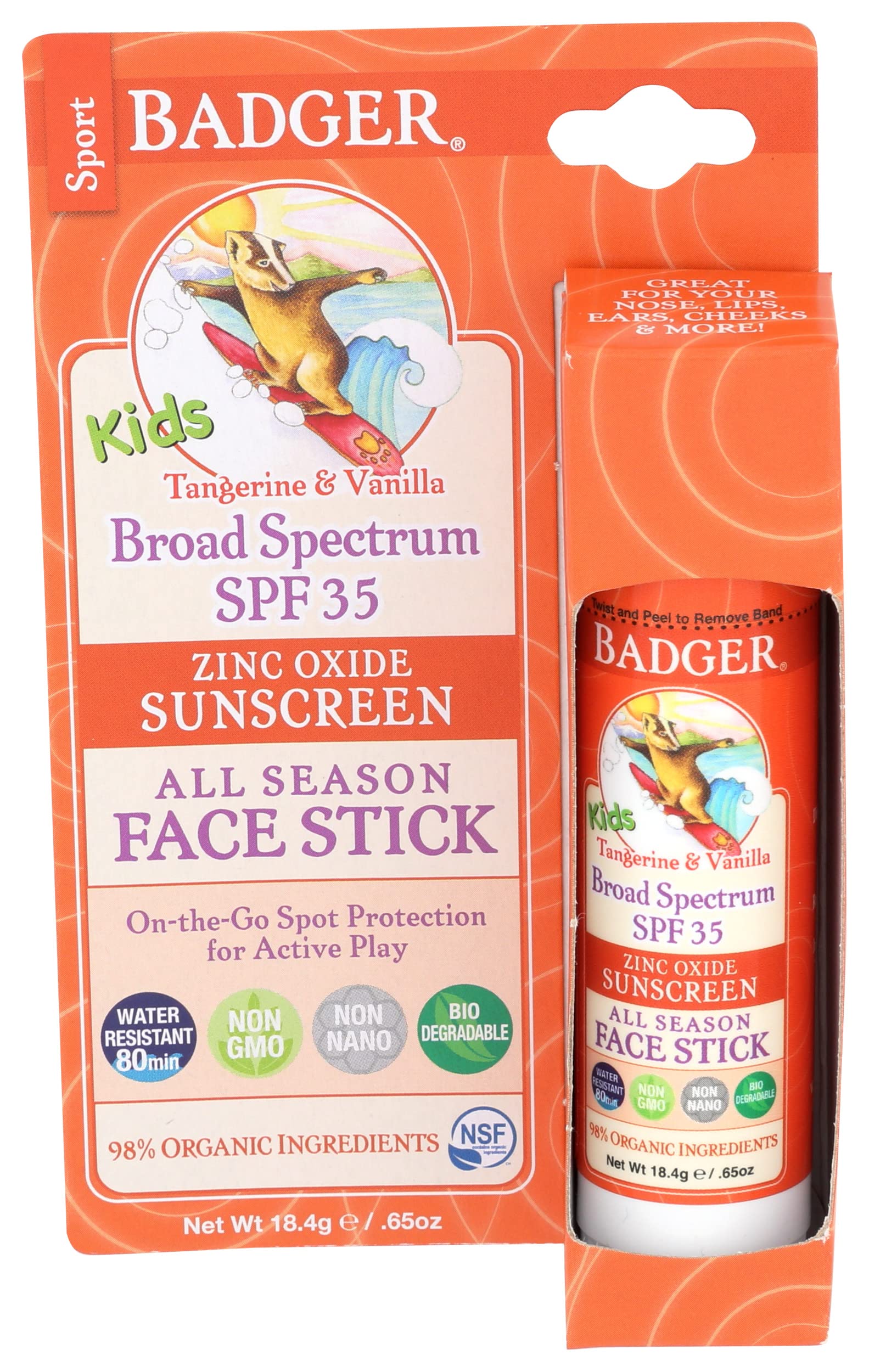 Badger Company, Kids Sport Sunscreen All Season Face Stick, SPF 35, Tangerine & Vanilla, .65 oz (18.4 g)