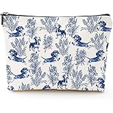 RVEAFA Dachshund Blue French Toile Makeup Bag Dachshund Lover Gifts for Women Girls, Blue Toile Cosmetic Bag for Weiner Mom, Dog Lovers Accessories Birthday Gifts for Sausage Dog Owners