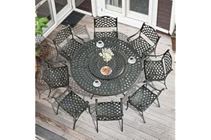MEETWARM 9-Piece Outdoor Patio Table and Chairs Set, All Weather Cast Aluminum Patio Dining Set- 8 Chairs, 61" Round Patio Dining Table with Detachable Lazy Susan, Umbrella Hole, Dark Bronze
