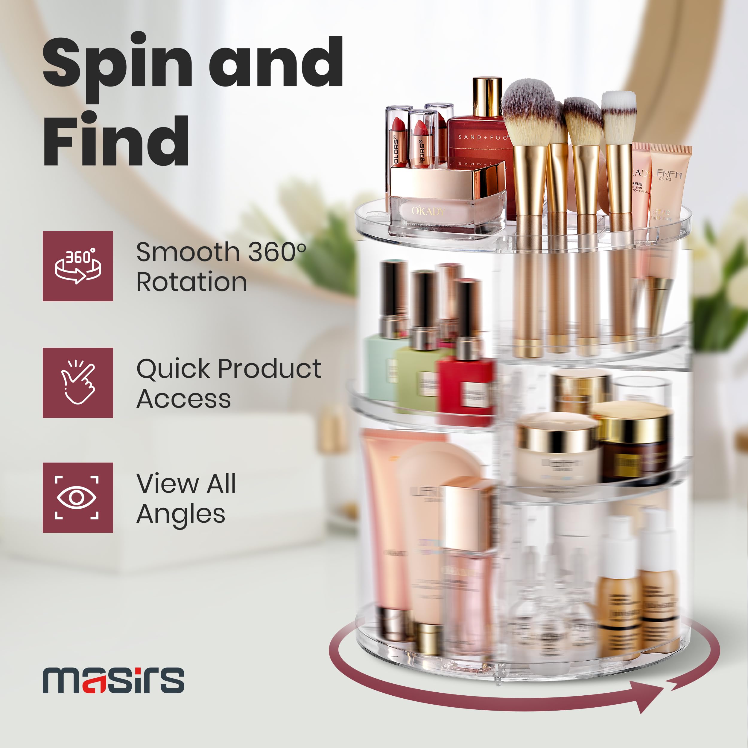 Masirs 360 Rotating Makeup Organizer Countertop - Adjustable Shelf Height - The Perfect Round Spinning Cosmetic Organizer for Bedroom Dresser or Vanity Countertop Storage (Clear)