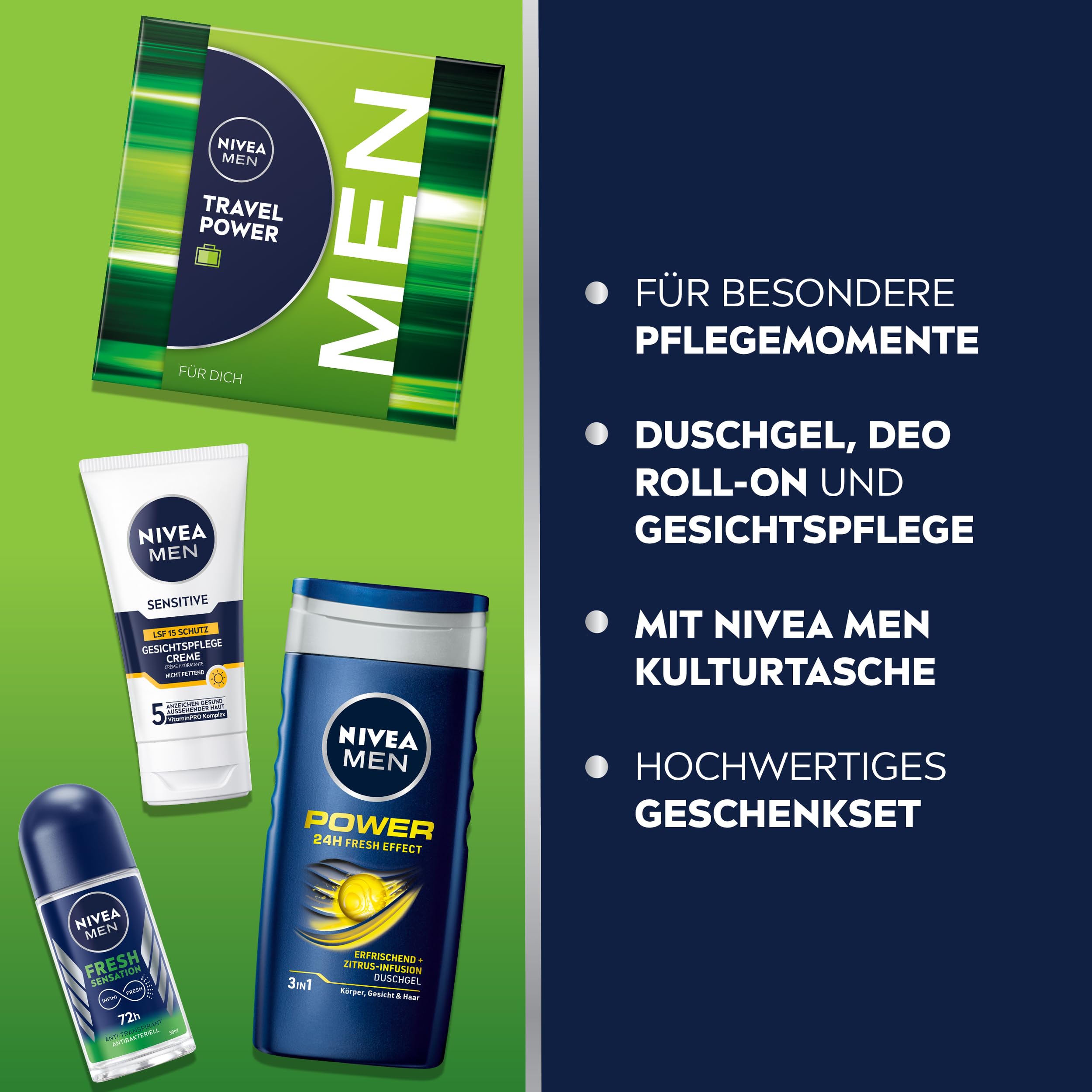 NIVEA MEN Travel Power Geschenkset, Pflegeset mit Pflegeprodukten für unterwegs, Set mit NIVEA MEN Duschgel, Deo Roll-on, Gesichtspflege Creme und Kulturtasche 2