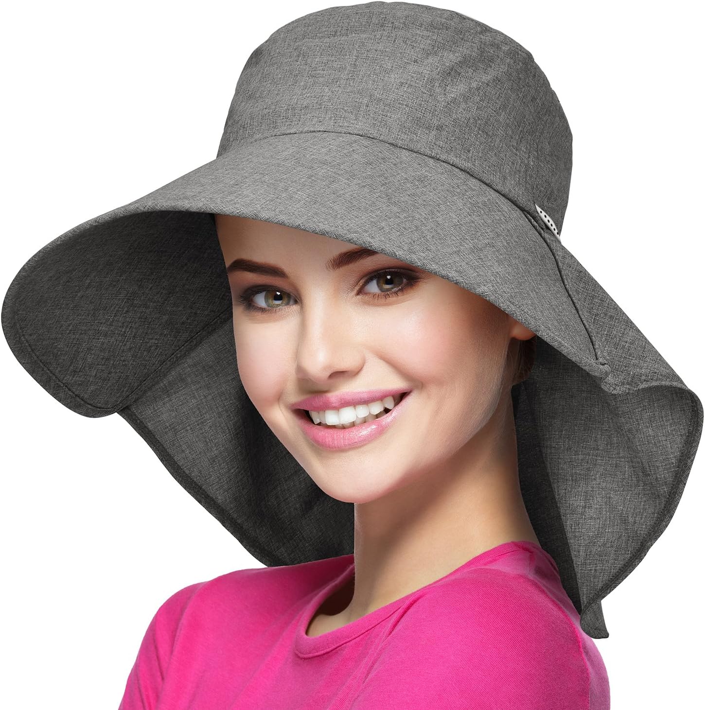 Women Wide Brim Summer Sun Hat with Neck Cover and Adjustable Strap Floppy Foldable Bucket Hat for Hiking Fishing Gardening Safari Beach Grey