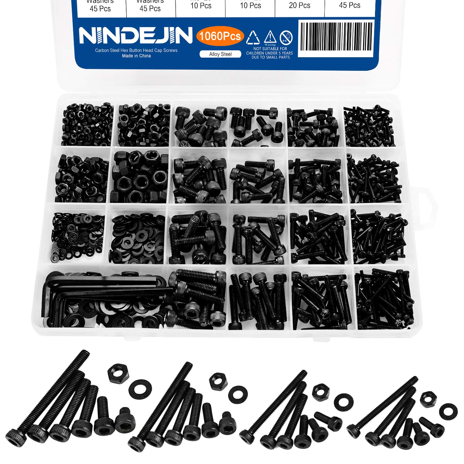 NINDEJIN 1060pcs 12.9 Grade Carbon Steel M2 M3 M4 M5 Metric Hex Socket Head Cap Bolts Screws Nuts Washers Assortment Kit with Hex Wrenches (Socket Head Cap) — image 1