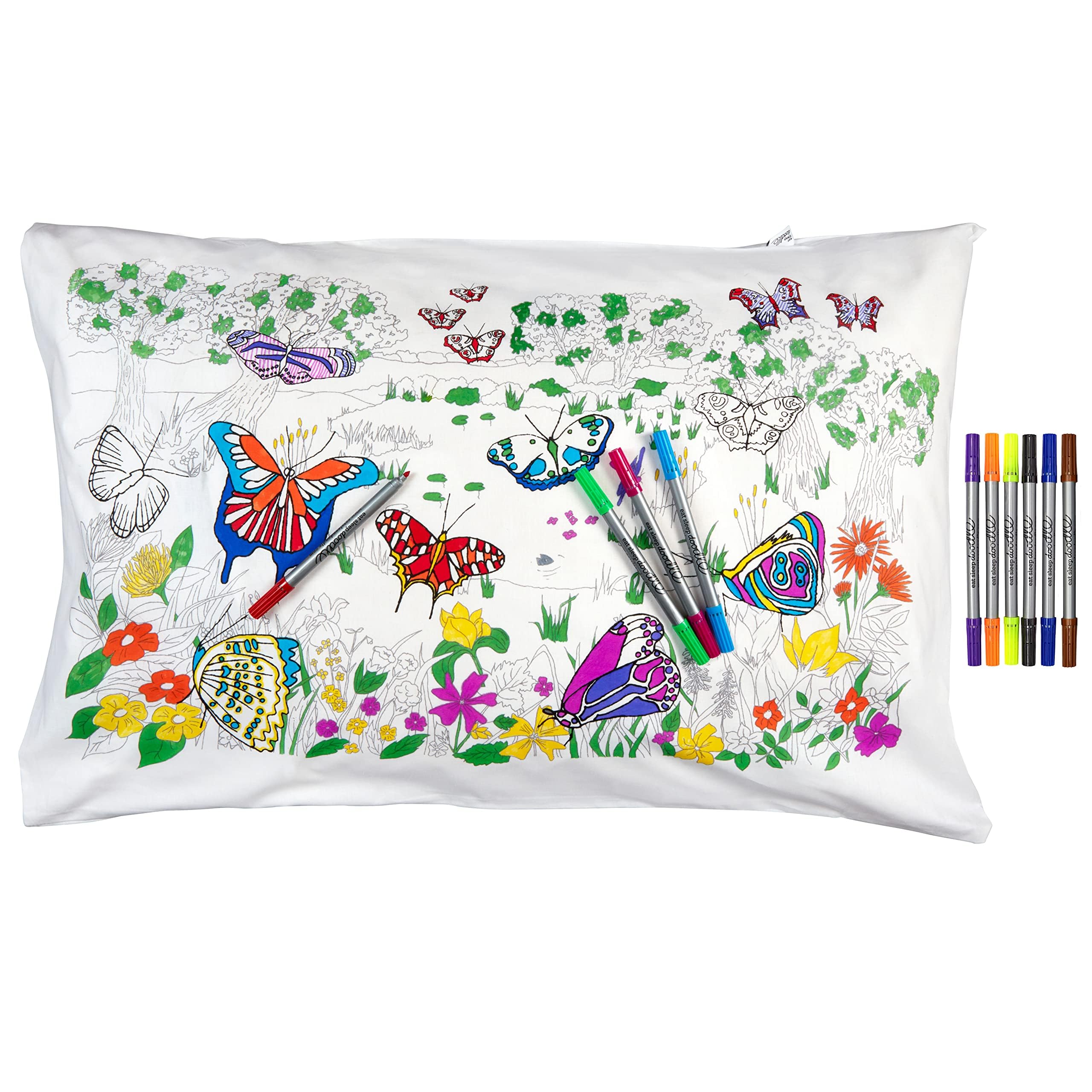 eatsleepdoodle Butterfly Cushion Cover for Colouring, Playful Learning, Washable and Reusable, Includes 10 Washable Pens, 75 x 50 cm, 100% Cotton