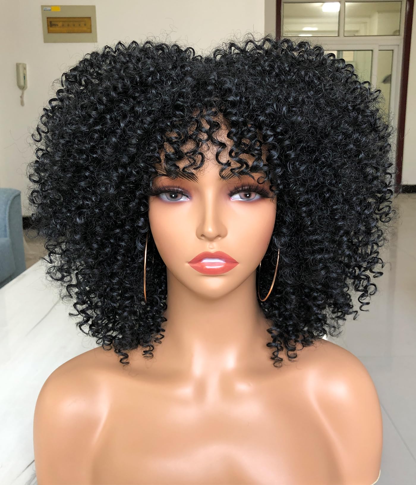 Lizzy 10 Inch Afro Curly Wigs for Black Women Synthetic Afro Wig with Bangs Heat Resistant Short Kinky Curly Wigs for Cosplay and Daily (Black)