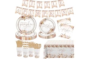 MEHOFOND Fall Pumpkin Baby Shower Decorations Boho Floral Pampas Grass Little Pumpkin Party Supplies Disposable Tableware Set 194 Pcs Plates Napkins Banners Plastic Tablecloth for Baby Shower Party