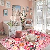 Babovid Pink Floral Girls Room Rug 4x6, Non-Slip Washable Rugs for Bedroom Living Room Nursery Kitchen Dining Room Indoor, Ultra-Thin Soft Stain Resistant Girls Room Decor(4 x 6, Pink Garden)