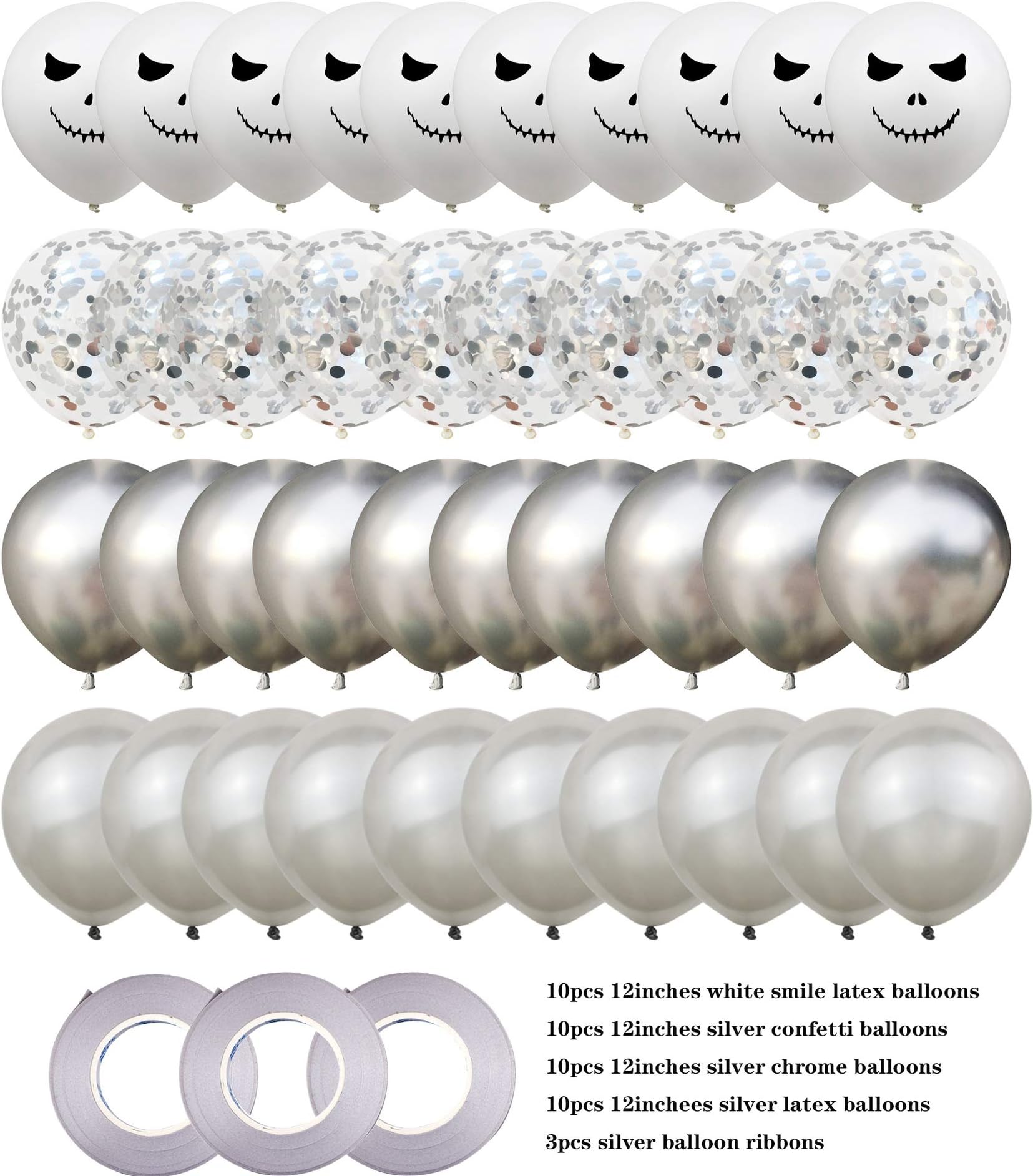 Axgo 40Pcs Halloween Balloons 12 Inches for Party Decoration Supplies with 3 Ribbons, Grimace Terror Emoji Smile, Silver