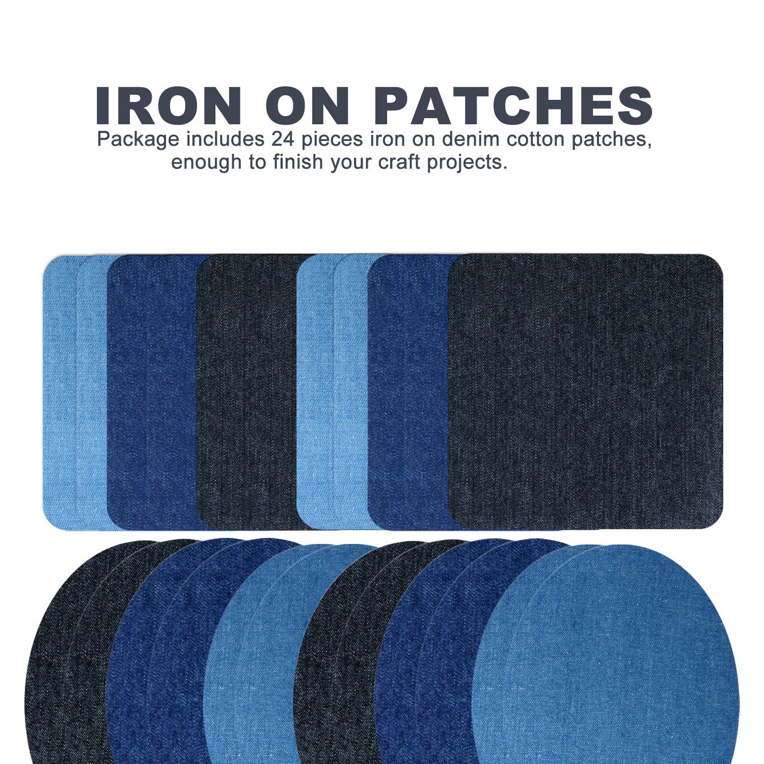 Iron On Patches, 24 Pieces Iron On Denim Cotton Patches Iron Repair Kit, 3 Sizes 3 Colors