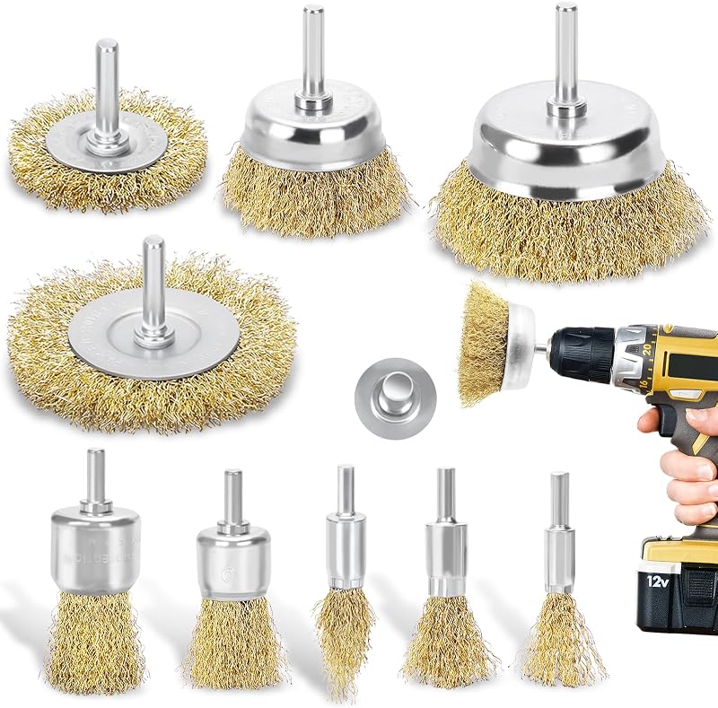 DazSpirit 9-Piece Wire Brush Set for Drills 1/4 Inch Shank Brass Coated Cup
