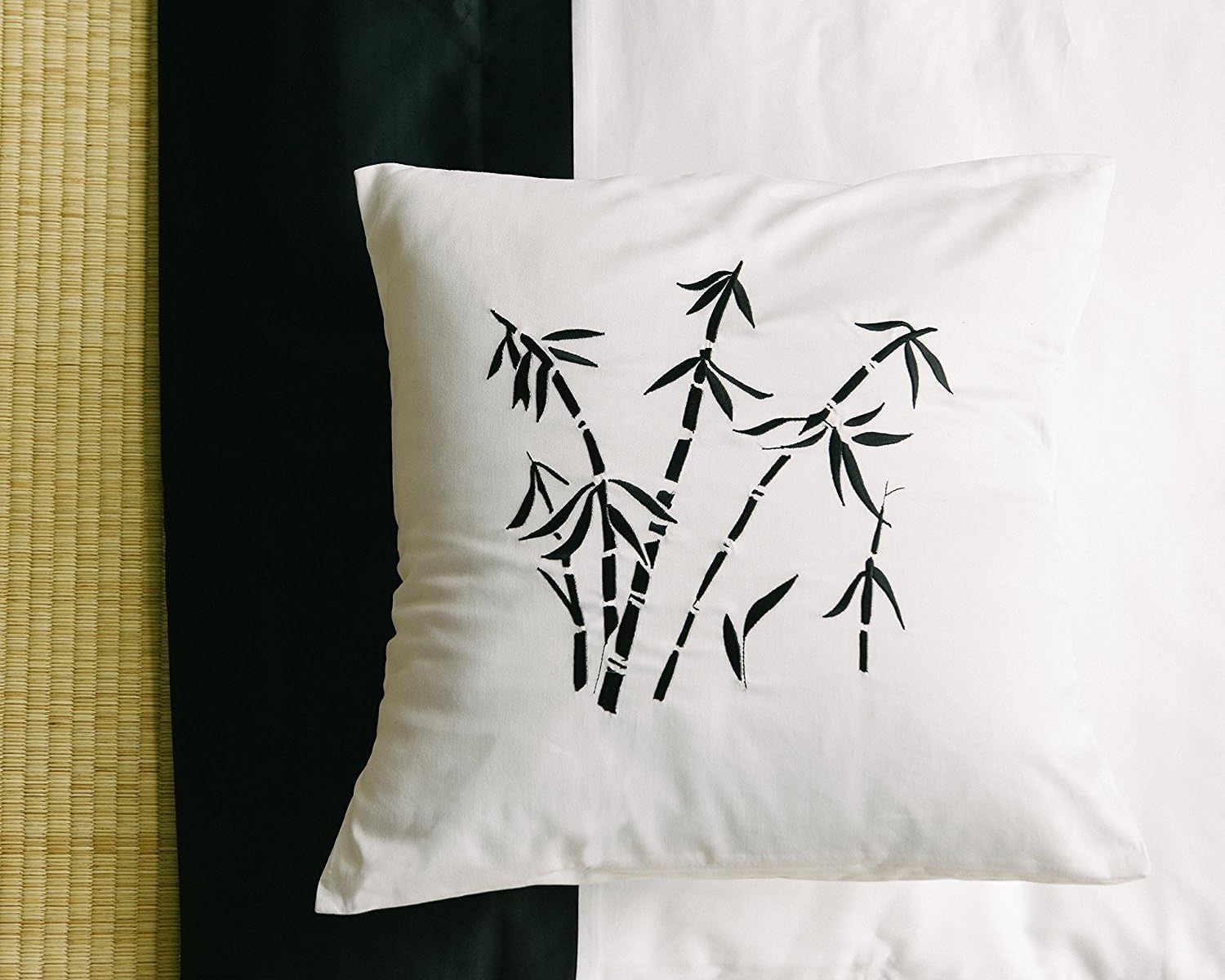 Orient Sense Black and White Decorative Pillow Slip sham, Small Pillowcase 16"x16". Asian Inspired Decorative Design Featuring Embroidered Oriental Bamboo Pillow Cover