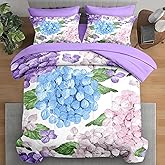 Pamnest Comforter Set Queen Size, Hydrangea Flower Leaves 7 Pcs Bedding for Kids and Adults, Floral Purple Summer Bed Sheet Sets with Fitted Sheet 2 Pillowcases & 2 Shams for Bedroom Bed Decor